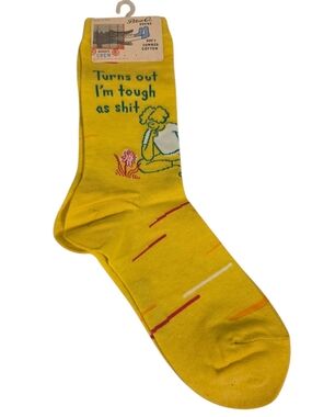 Blue Q Yellow Novelty Crew Socks with Green and Pink Accents